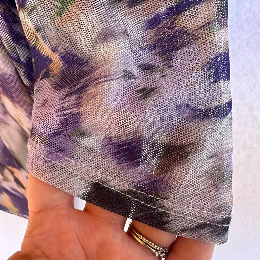 Chico's Floral Blouse Womens M Purple Pullover Wispy Sheer Mesh Lightweight